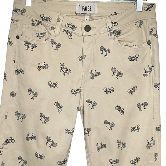 Paige Kylie Cropped Bicycle Print Cruiser Skinny Jeans Taupe Size 30 - Picture 8 of 16